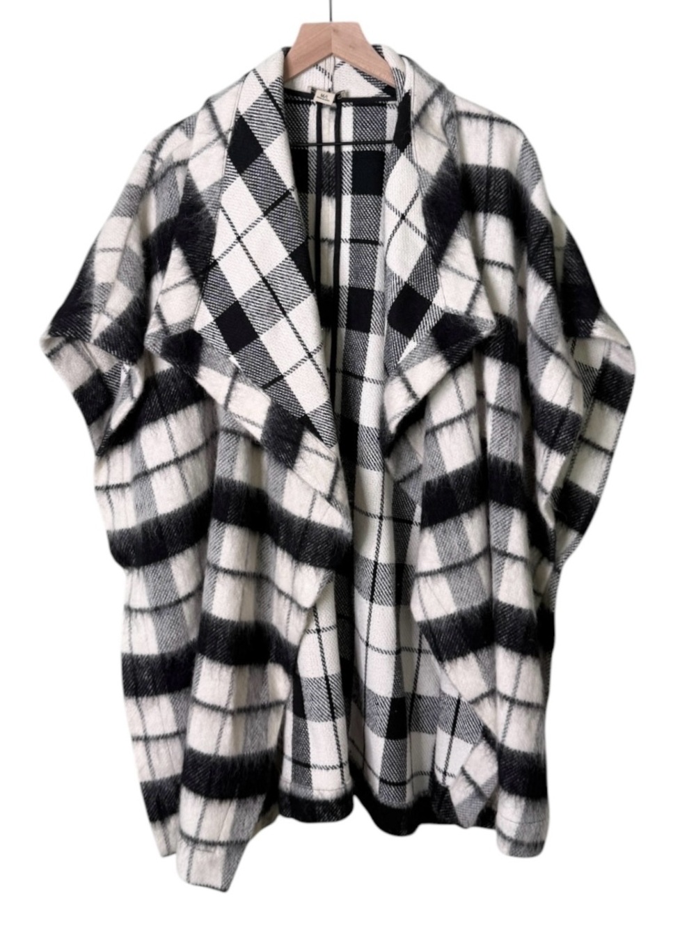 Lucky Brand Wool Oversized Plaid Shawl Poncho Cardigan Sweater Black White Large